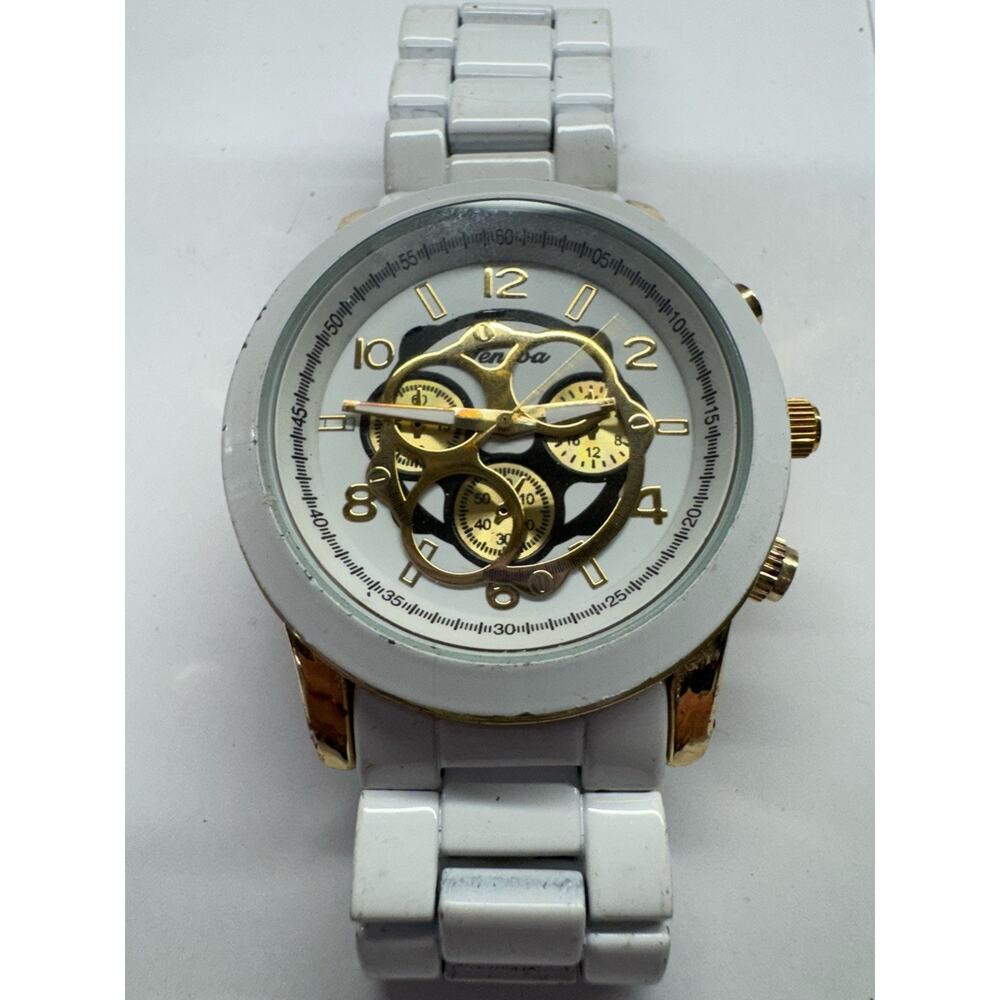 Geneva Women's Chronograph White Stainless Band Rhinestones Gold Tone